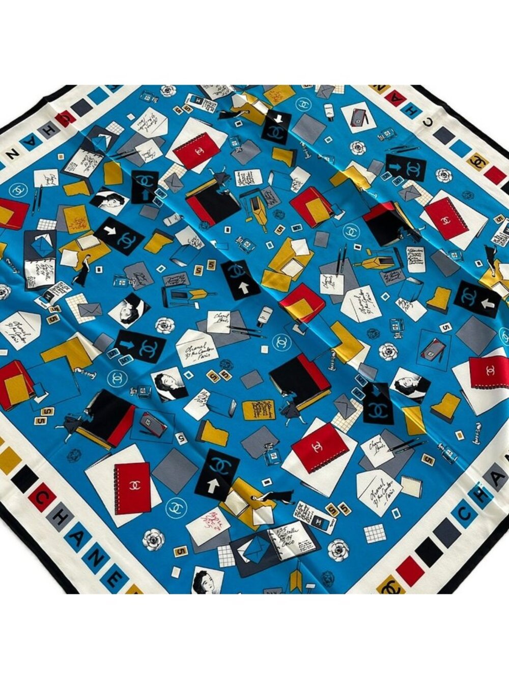 Chanel Scarf Blue White Multi Letter CC Logo Camellia
